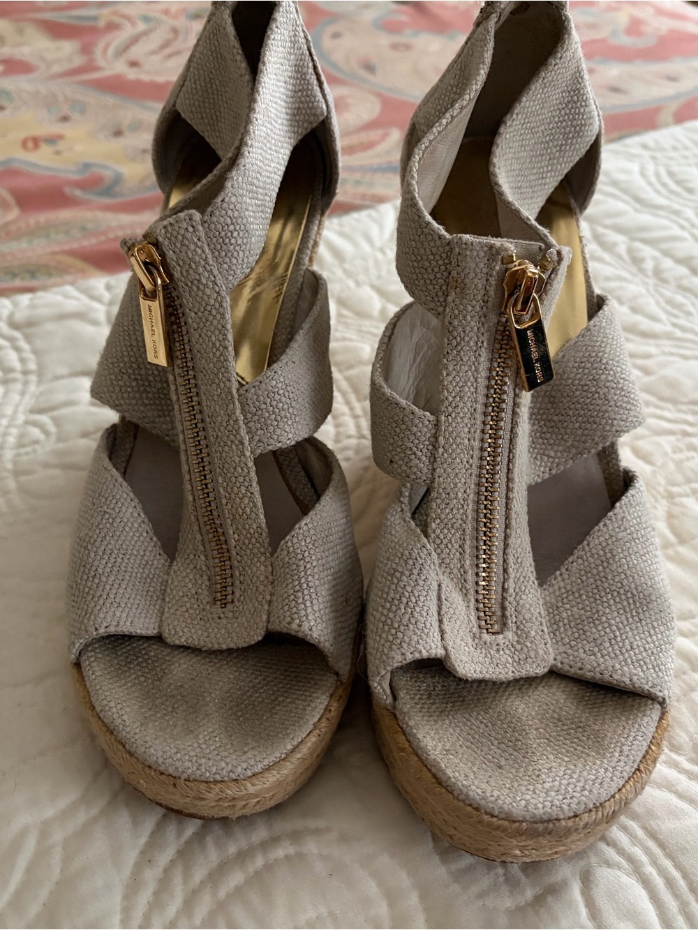 Wedge sandals - MICHAEL Michael Kors cream Canvas Wedge Sandals with Gold Zipper